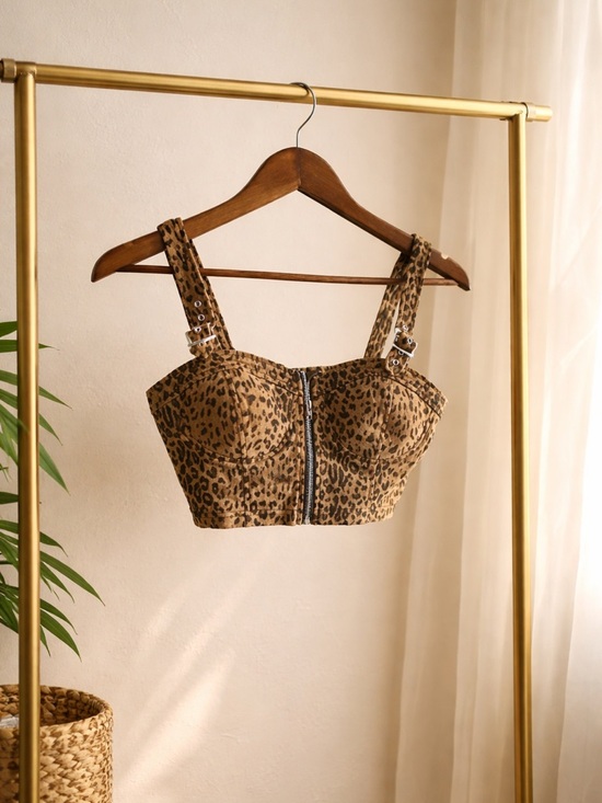 Tops - Leopard Print Bustier Crop Top with Front Zip